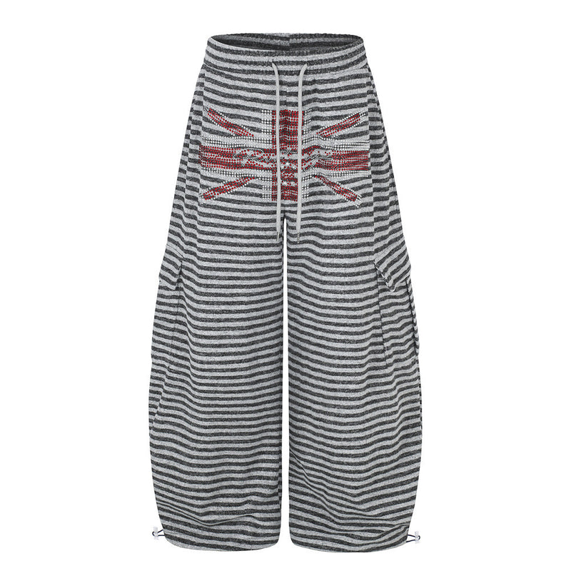 Wide-Leg Striped Cargo Pants with Union Jack Rhinestone Detail