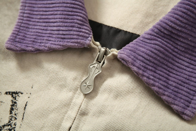 Veste zippée à imprimé graphique – Coton délavé effet usé, col violet et badge