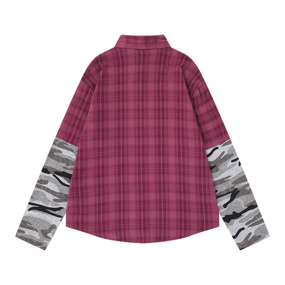 Men's Plaid & Camo Splice Long Sleeve Shirt with Figure Graphic Print