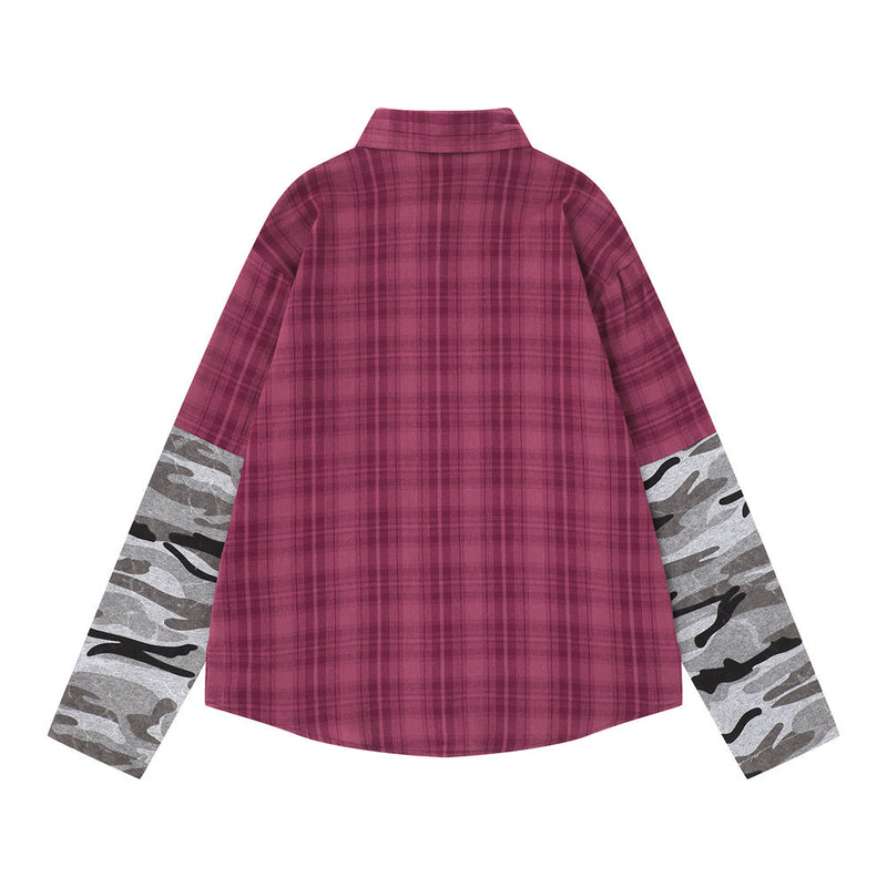 Men's Plaid & Camo Splice Long Sleeve Shirt with Figure Graphic Print