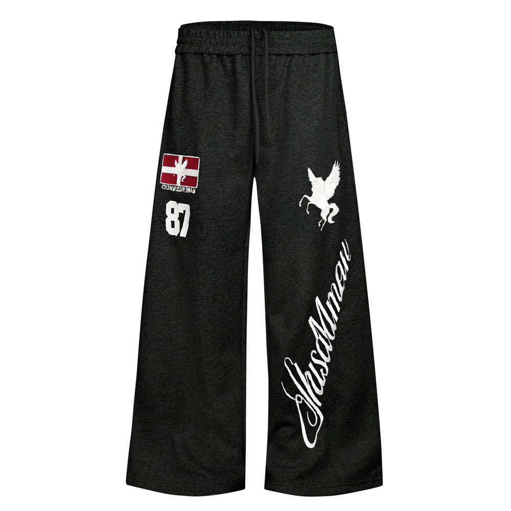 Wide-Leg Sweatpants with Pegasus Embroidery & Letter Patch – Men's Streetwear