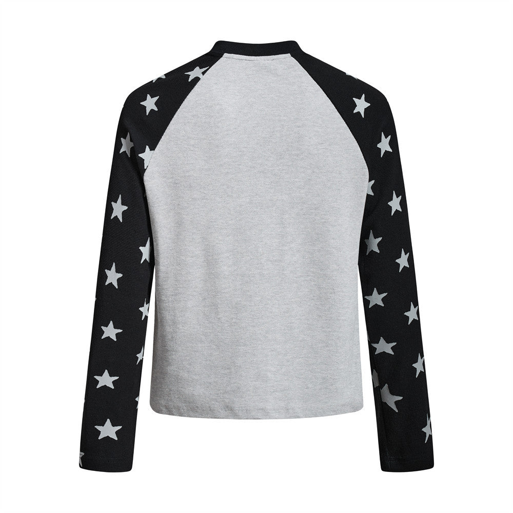 Long Sleeve Shirt Women Cowboy Star Print Raglan Waffle Knit Top