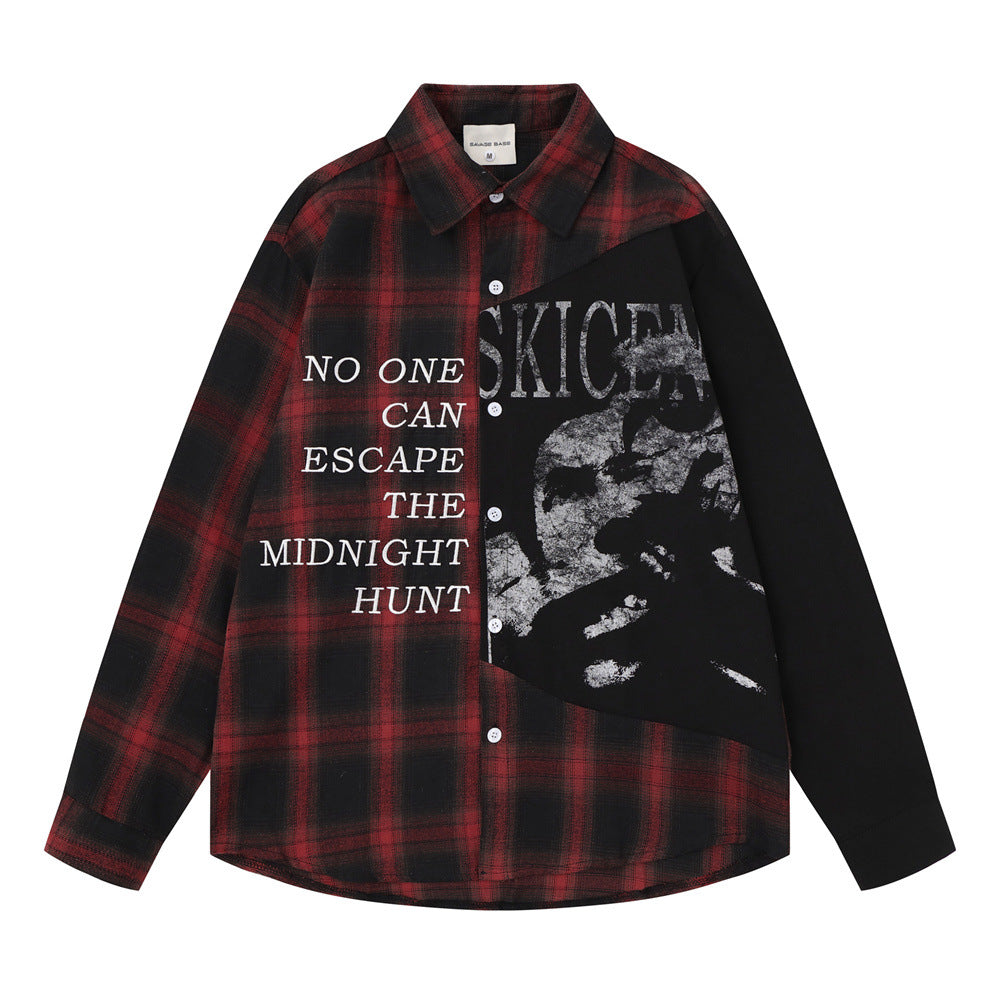 Camisa de franela de cuadros con bloques de color para hombre – Manga larga con gráfico de calavera