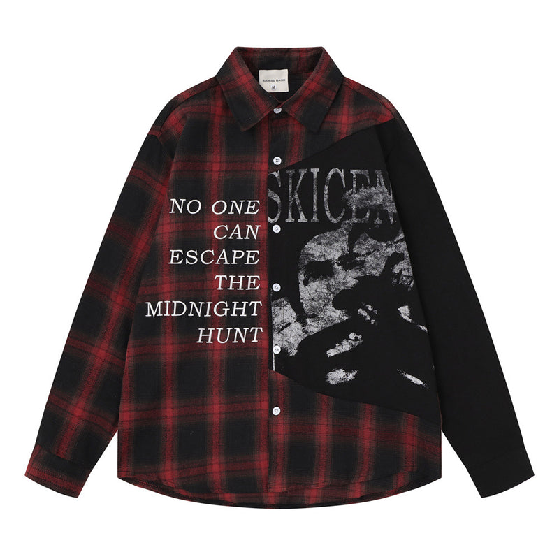 Camisa de franela de cuadros con bloques de color para hombre – Manga larga con gráfico de calavera