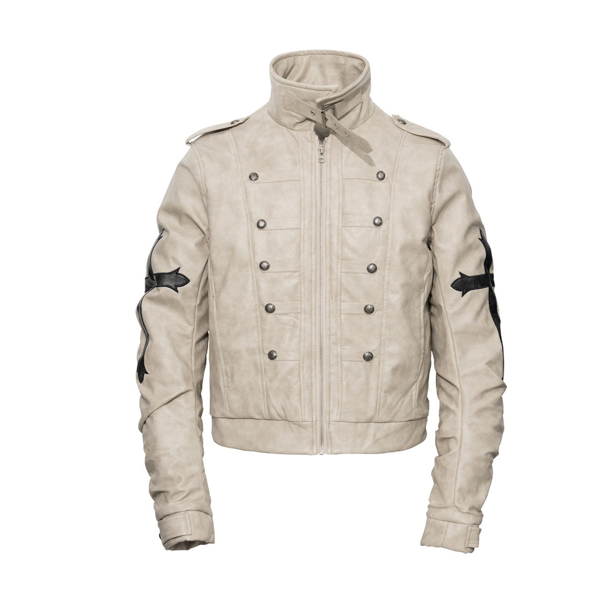 Gothic Cross Moto Jacket – Padded Faux Leather with Military Buttons & Cross
