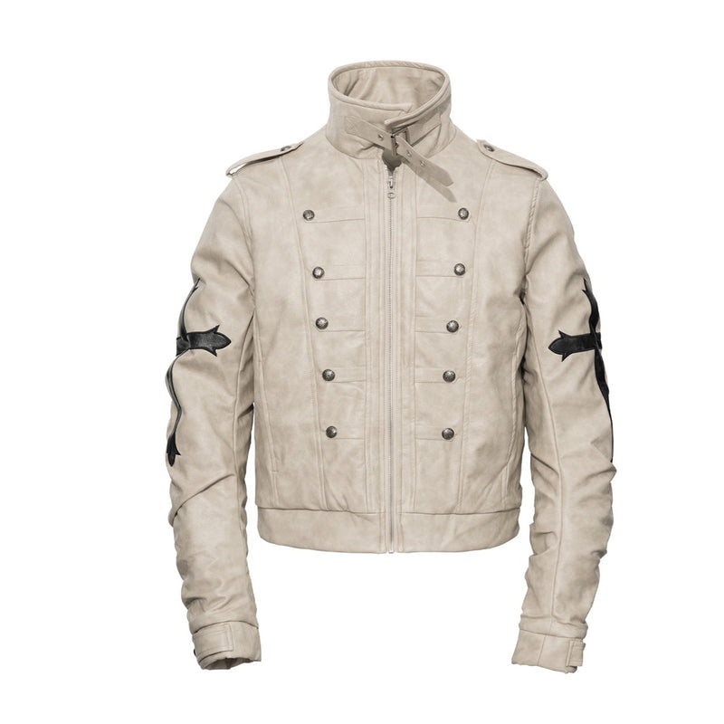 Gothic Cross Moto Jacket – Padded Faux Leather with Military Buttons & Cross