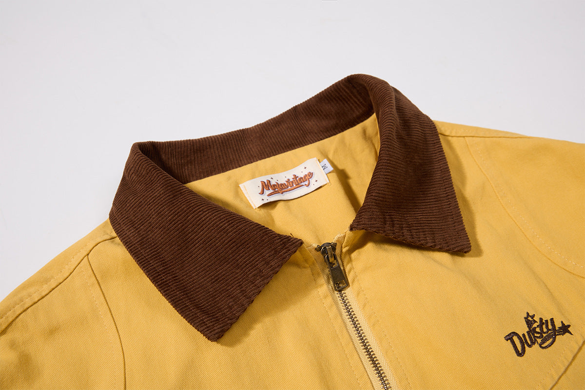 Retro American Washed Zip-Up Jacket with Corduroy Collar