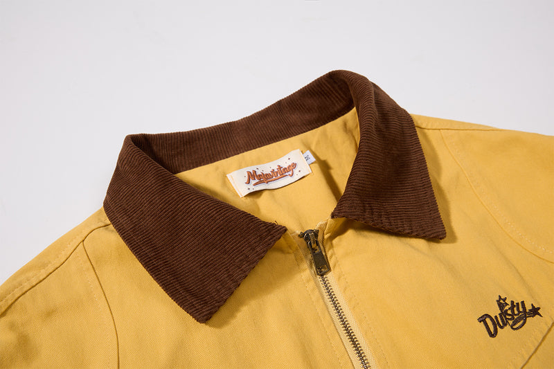 Retro American Washed Zip-Up Jacket with Corduroy Collar