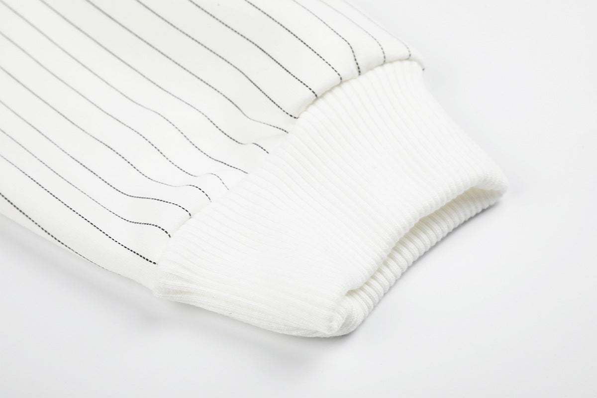 Pinstripe Zip-Up Hoodie with American Flag Embroidery & Script Sleeve Print