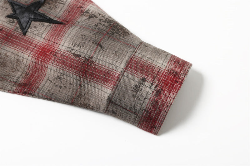 Distressed Plaid Long-Sleeve Shirt with Black Star Patches – Vintage Punk Style