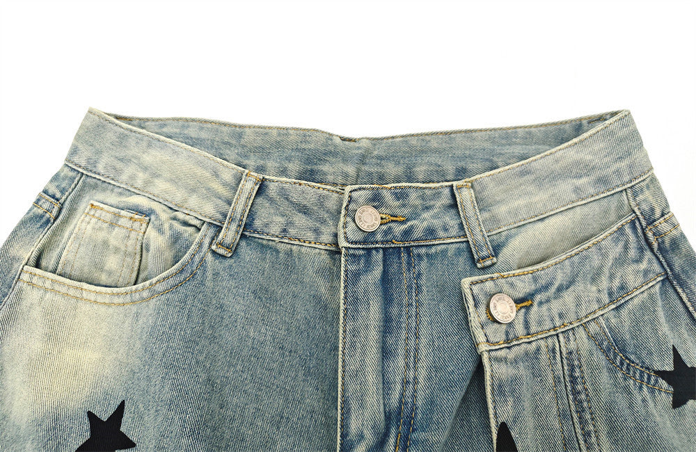 Star Print Distressed Wide Leg Jeans – Asymmetric Cargo Pocket Washed Denim