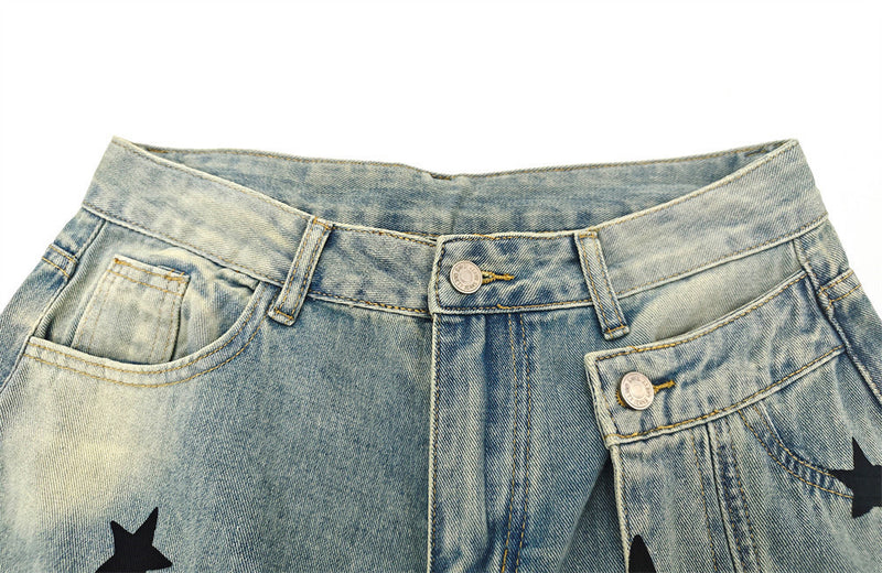 Star Print Distressed Wide Leg Jeans – Asymmetric Cargo Pocket Washed Denim