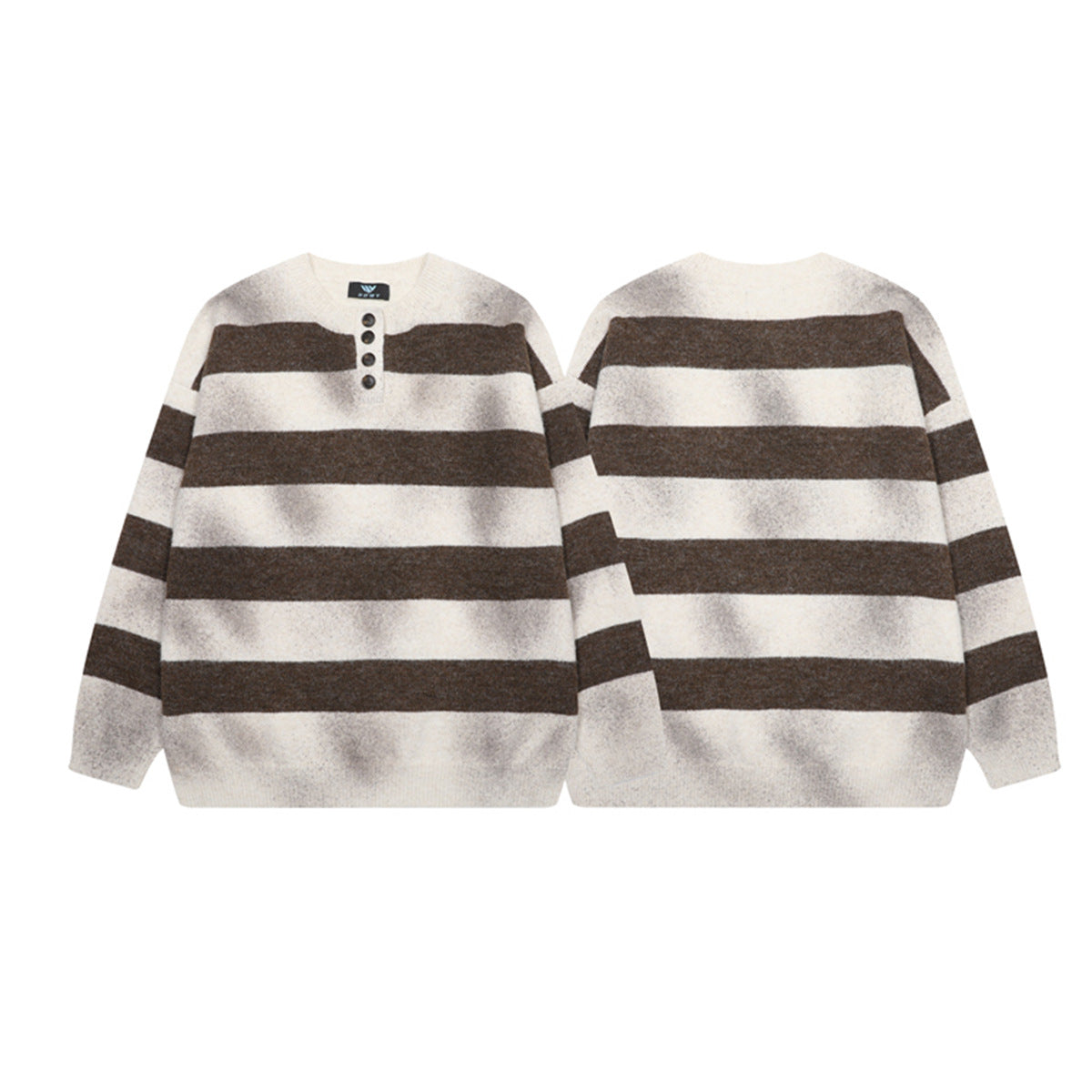 Brown and White Striped Sweater – Henley Neck Knit Pullover