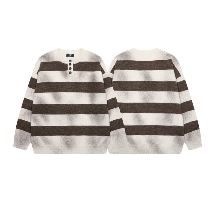 Brown and White Striped Sweater – Henley Neck Knit Pullover