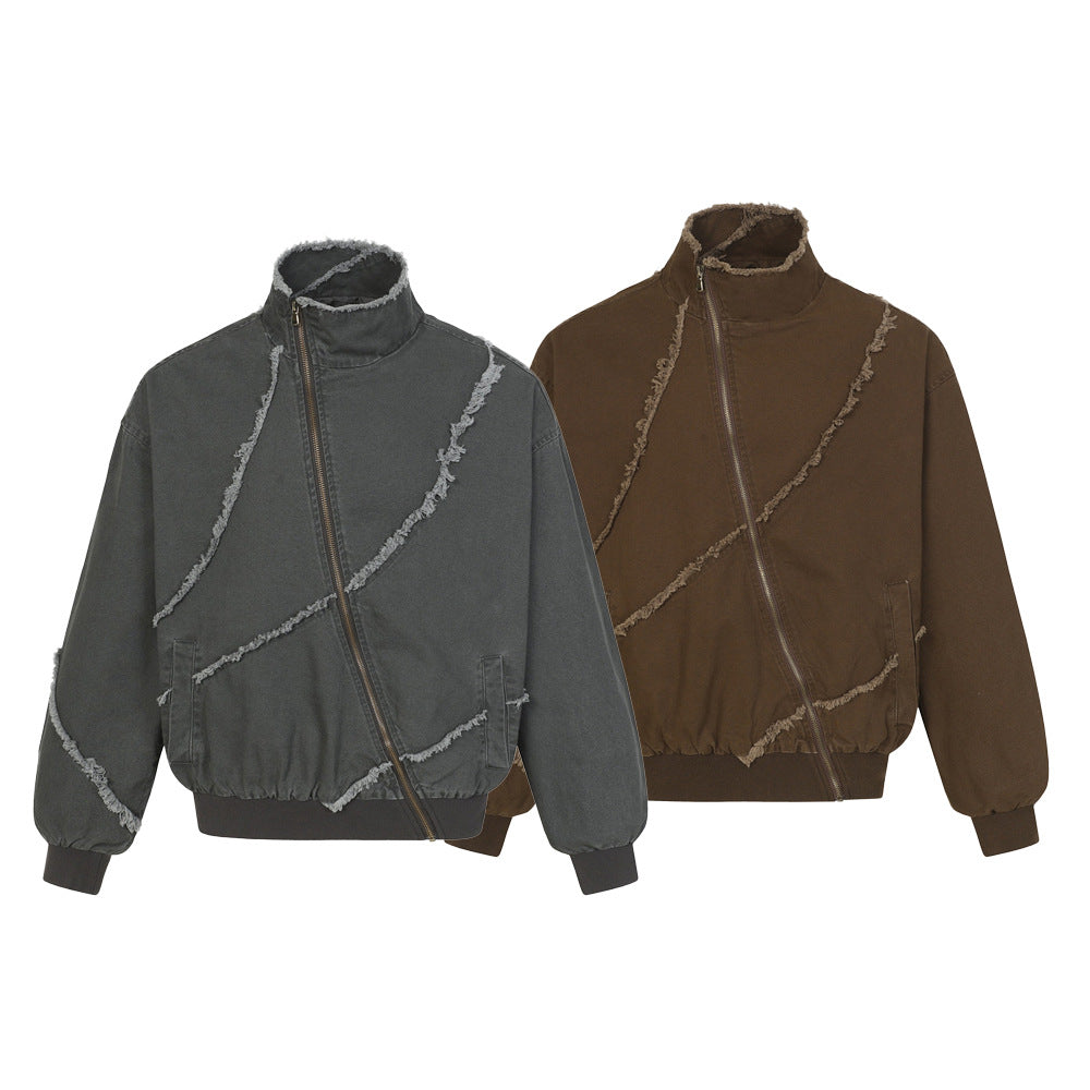 Blouson bomber déconstruit en toile à coutures effilochées et zip diagonal