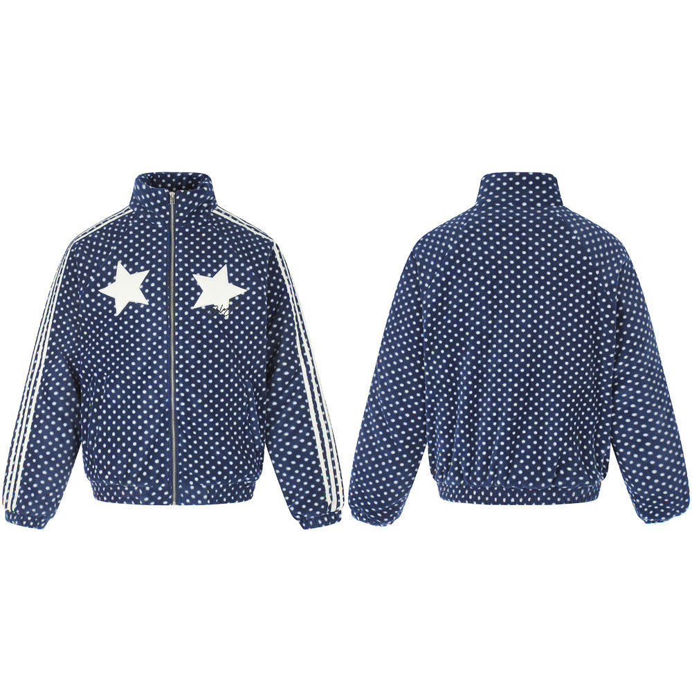 Padded Jacket for Men – Navy Polka Dot Star Patch Track Jacket with Stripe