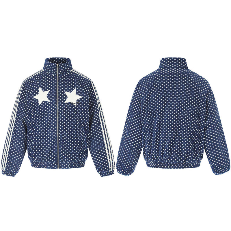 Padded Jacket for Men – Navy Polka Dot Star Patch Track Jacket with Stripe