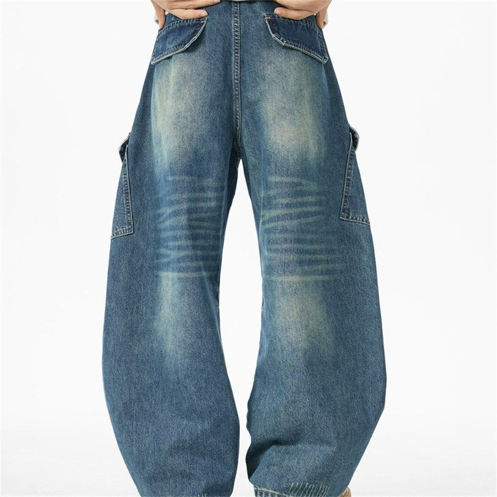 Baggy Wide-Leg Cargo Jeans – Men's Multi-Pocket Distressed Denim
