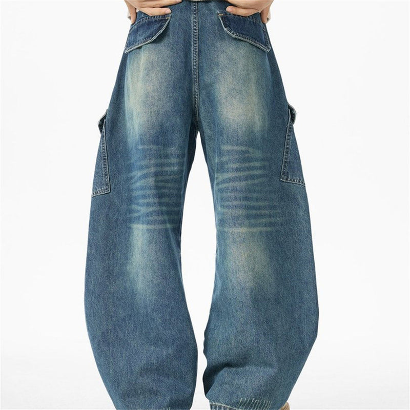 Baggy Wide-Leg Cargo Jeans – Men's Multi-Pocket Distressed Denim