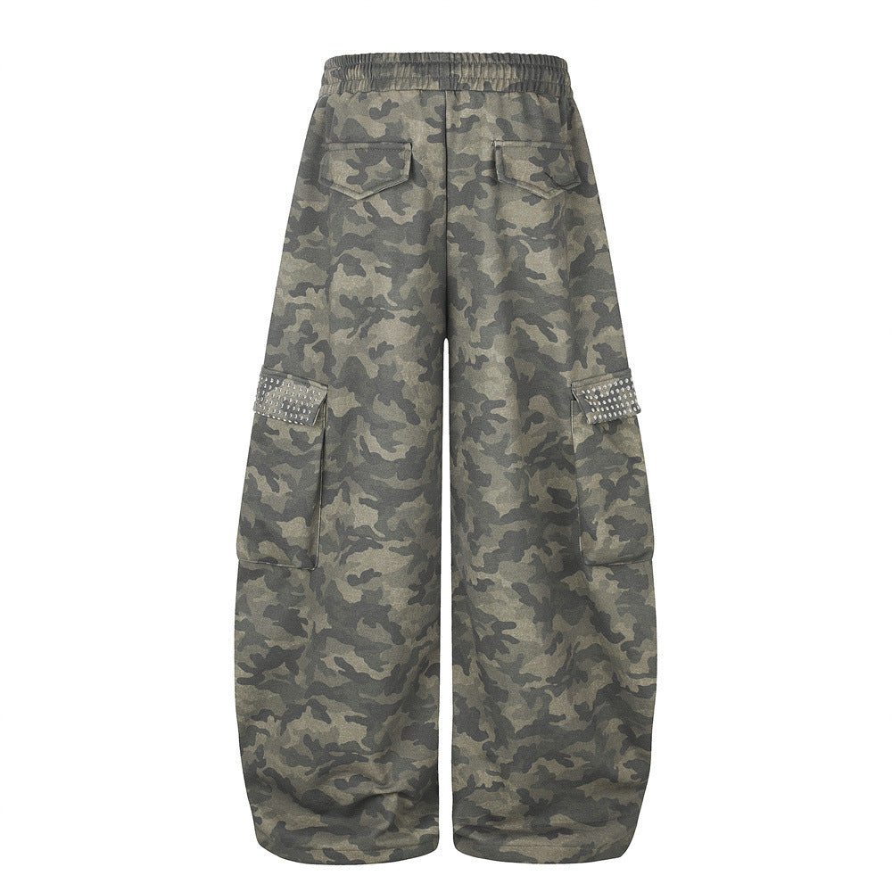 Men's Camo Wide-Leg Cargo Pants with Rhinestone Letters & Multi-Pocket Design