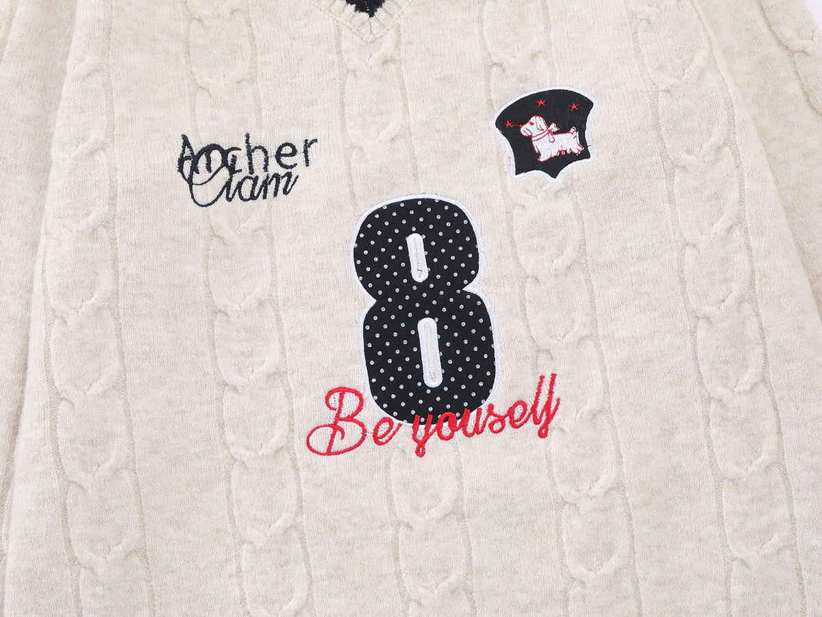 Cable Knit V-Neck Varsity Sweater – Number 8 Collegiate Pullover