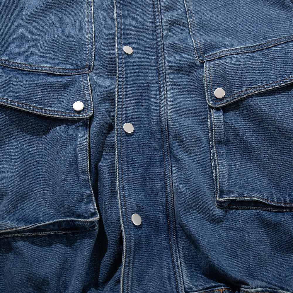 Veste bomber cargo oversize en denim pour homme – Col montant, grandes poches plaquées