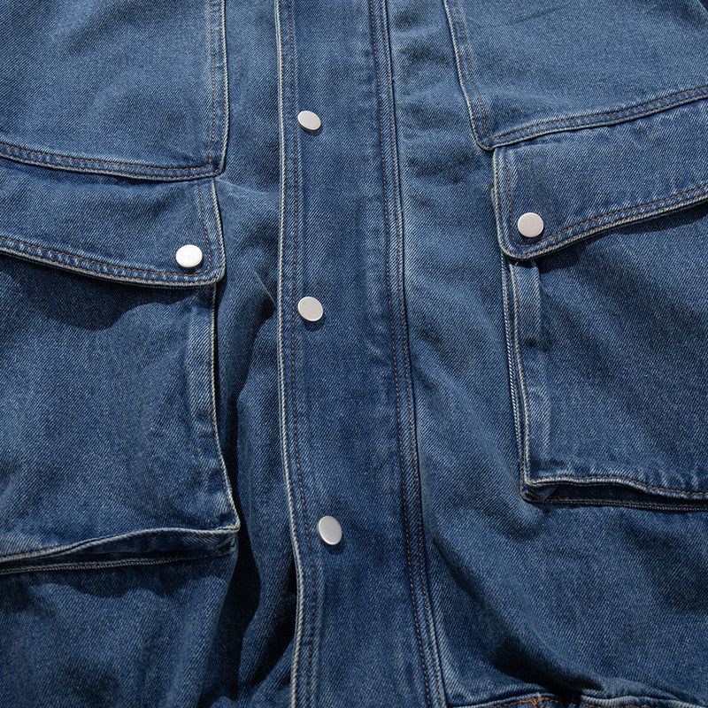 Veste bomber cargo oversize en denim pour homme – Col montant, grandes poches plaquées