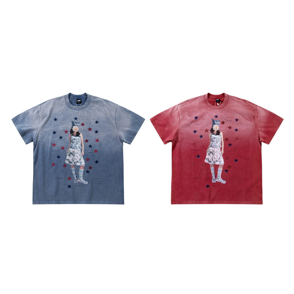 Men's Oversized Graphic Tee – Star Print Washed Short Sleeve T-Shirt
