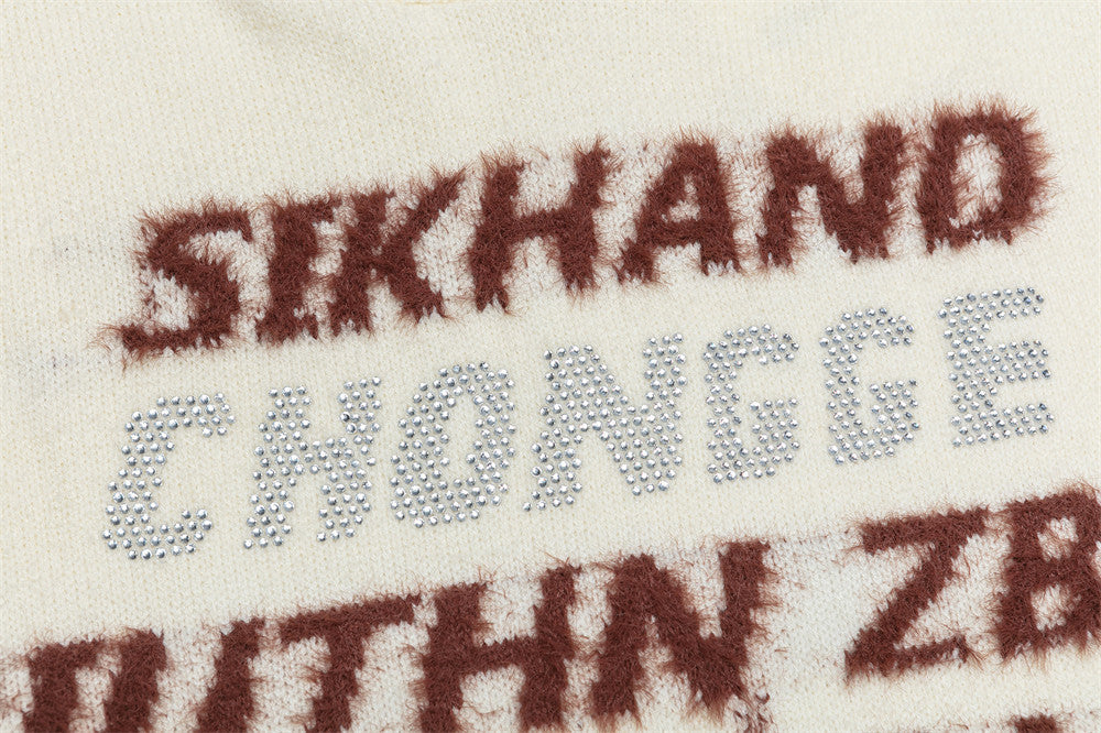 Letter Jacquard Knit Hoodie with Fringe Hem – Streetwear Pullover