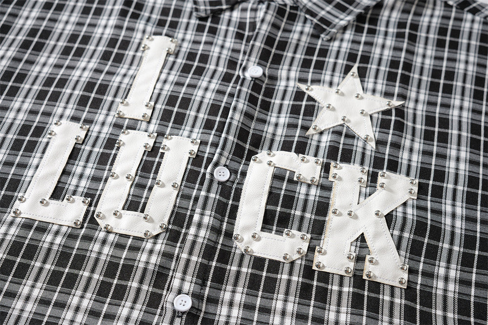 Men's Plaid Long Sleeve Shirt with LUCK Star Letter Patch