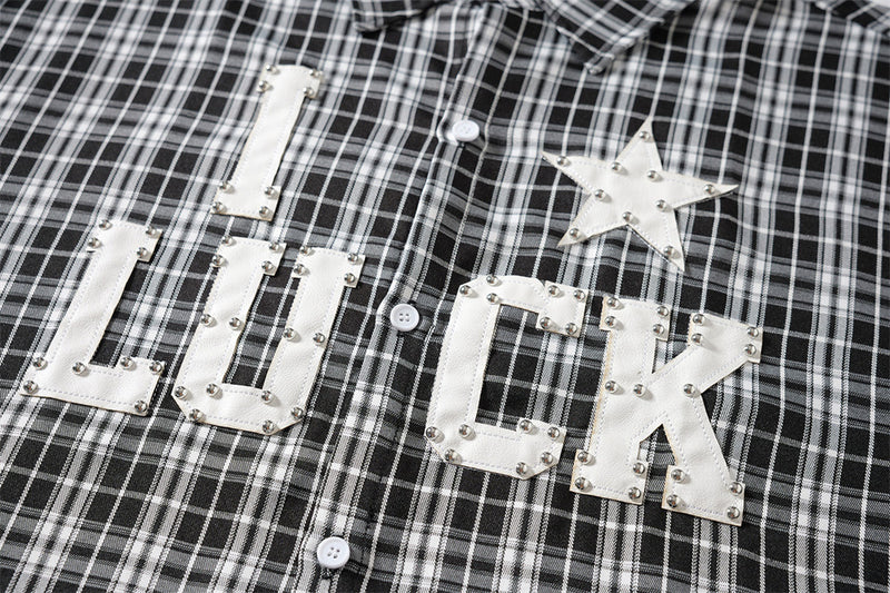 Men's Plaid Long Sleeve Shirt with LUCK Star Letter Patch