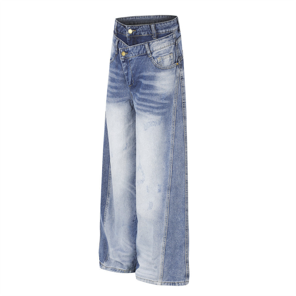 Jean homme à jambe large – Denim délavé à double ceinture, pantalon droit