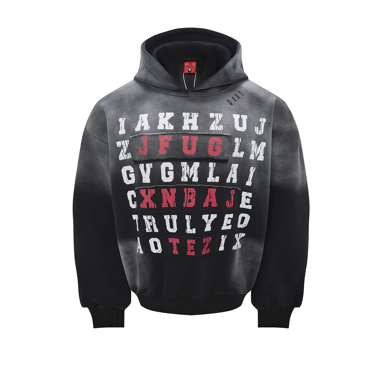 Letter Grid Oversized Hoodie – Acid-Washed Distressed Streetwear Pullover
