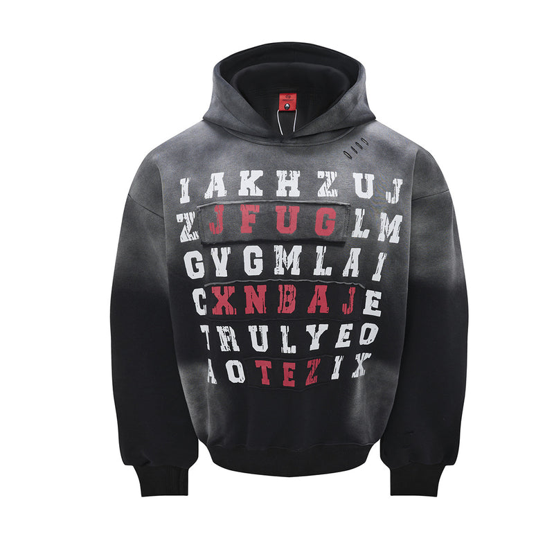 Letter Grid Oversized Hoodie – Acid-Washed Distressed Streetwear Pullover
