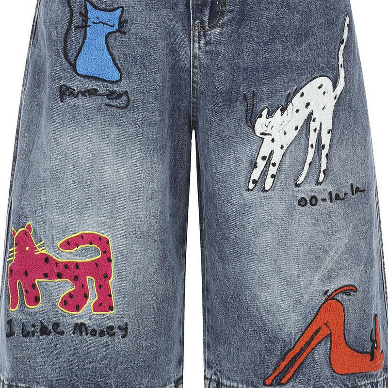 Cartoon Cat Embroidered Denim Shorts – Men's Wide Leg Vintage Washed Jean Shorts