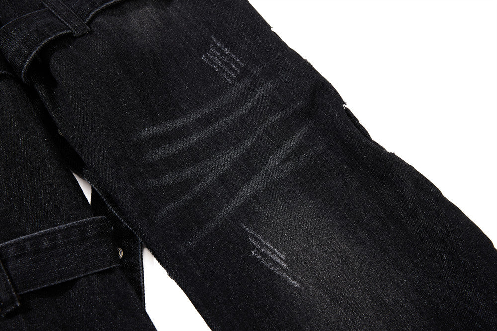Gothic Buckle Strap Flare Jeans – Men's Washed Black Distressed Denim