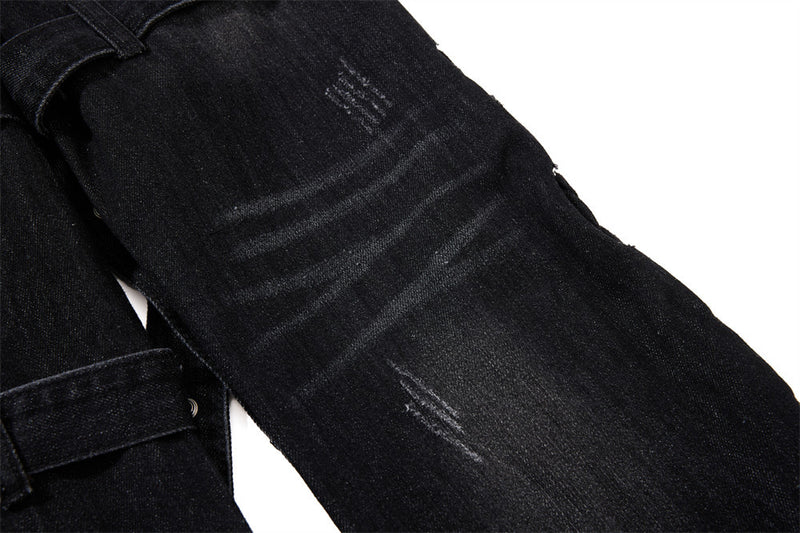Gothic Buckle Strap Flare Jeans – Men's Washed Black Distressed Denim