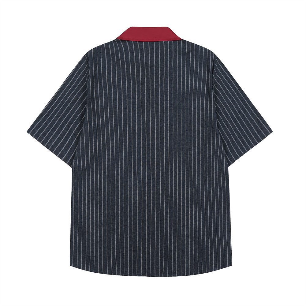 Men's Retro Pinstripe Short Sleeve Shirt – Oversized Colorblock Collar