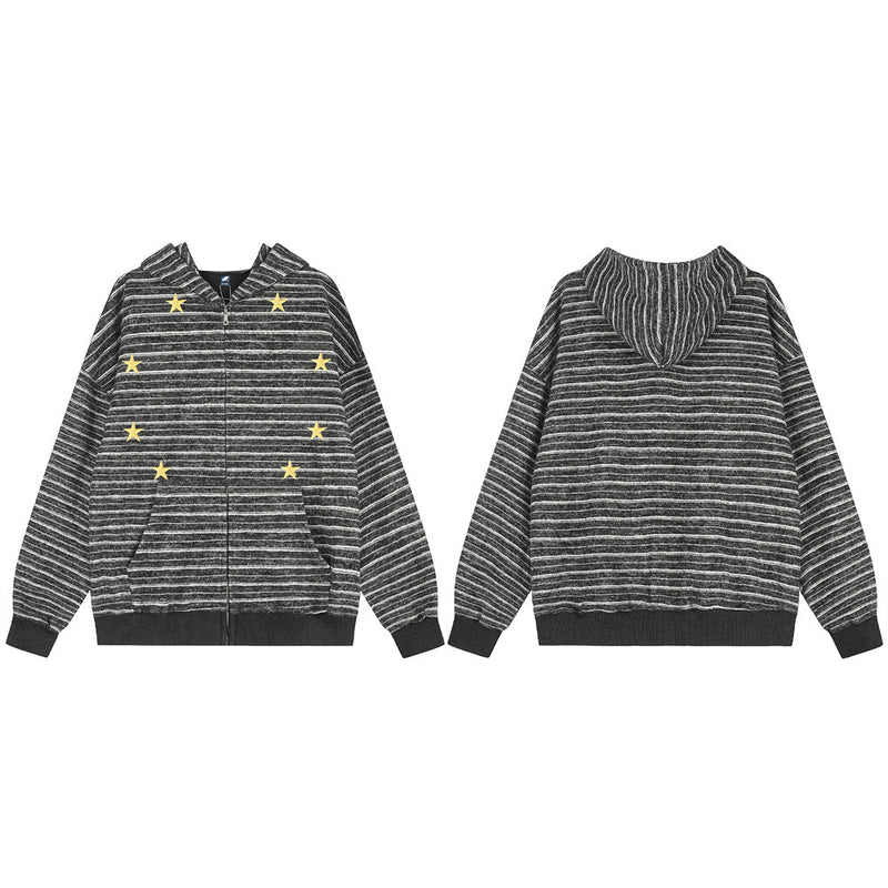 Striped Zip-Up Hoodie with Gold Star Embroidery – Relaxed Fit