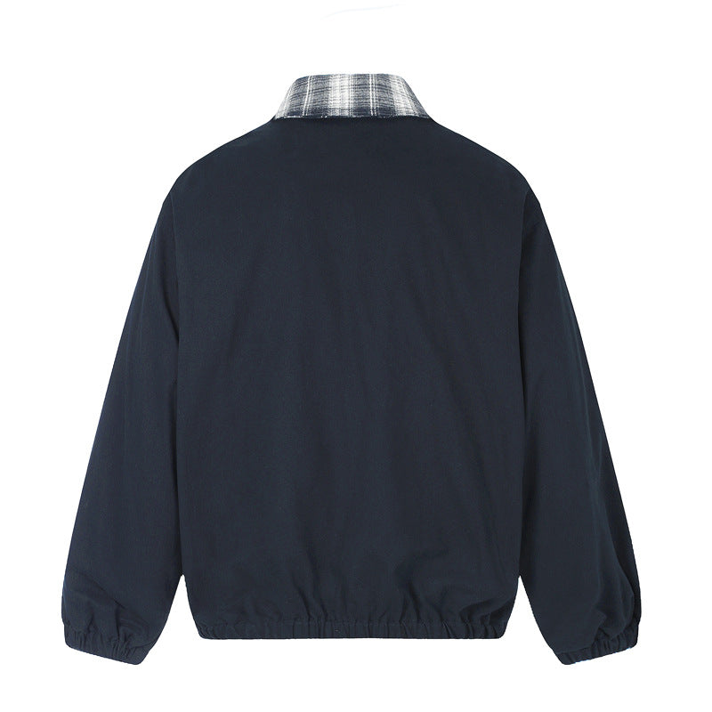 Layered Plaid Collar Bomber Jacket – Relaxed Fit Men's Workwear Zip-Up