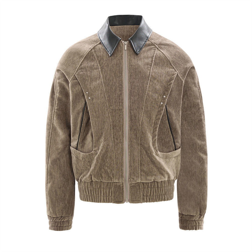 Blouson bomber homme en velours, col en similicuir et grandes poches