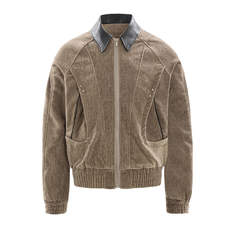 Blouson bomber homme en velours, col en similicuir et grandes poches