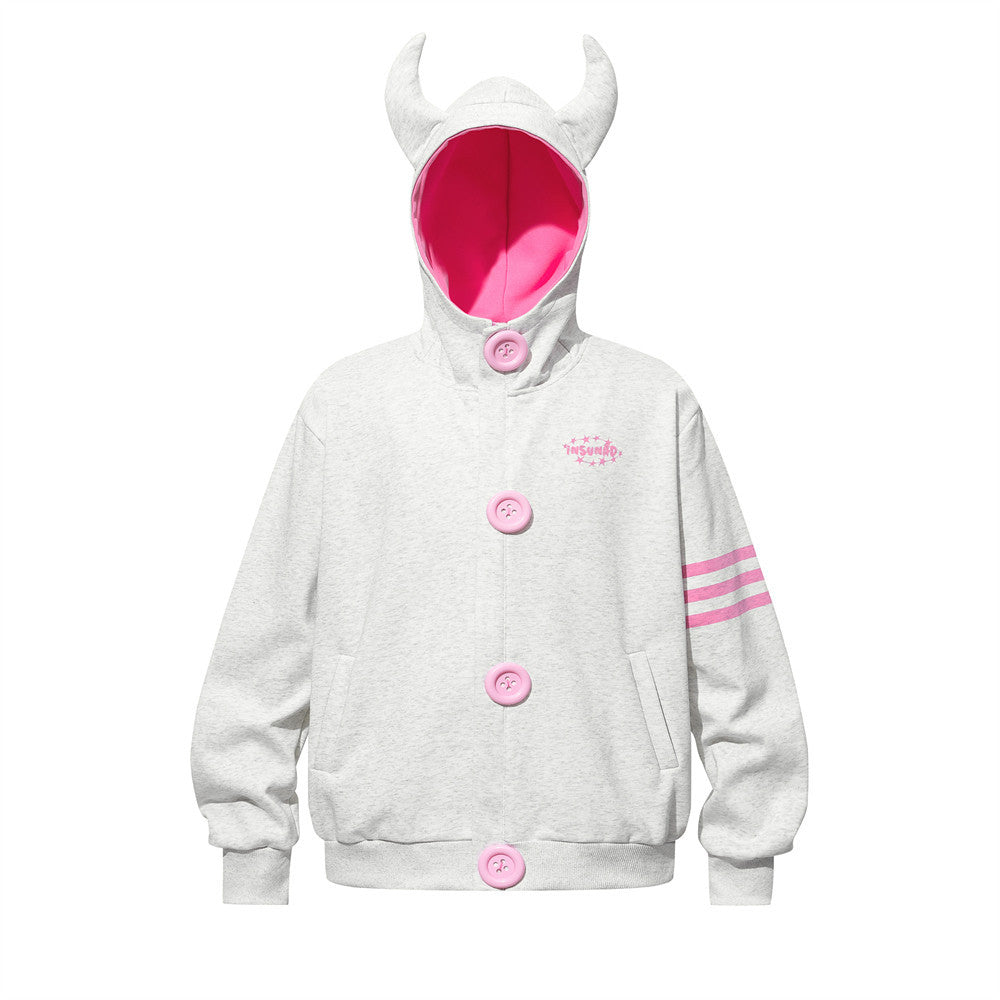 Demon Horn Hoodie – Oversized Button-Front Sweatshirt with 3-Stripe Sleeve