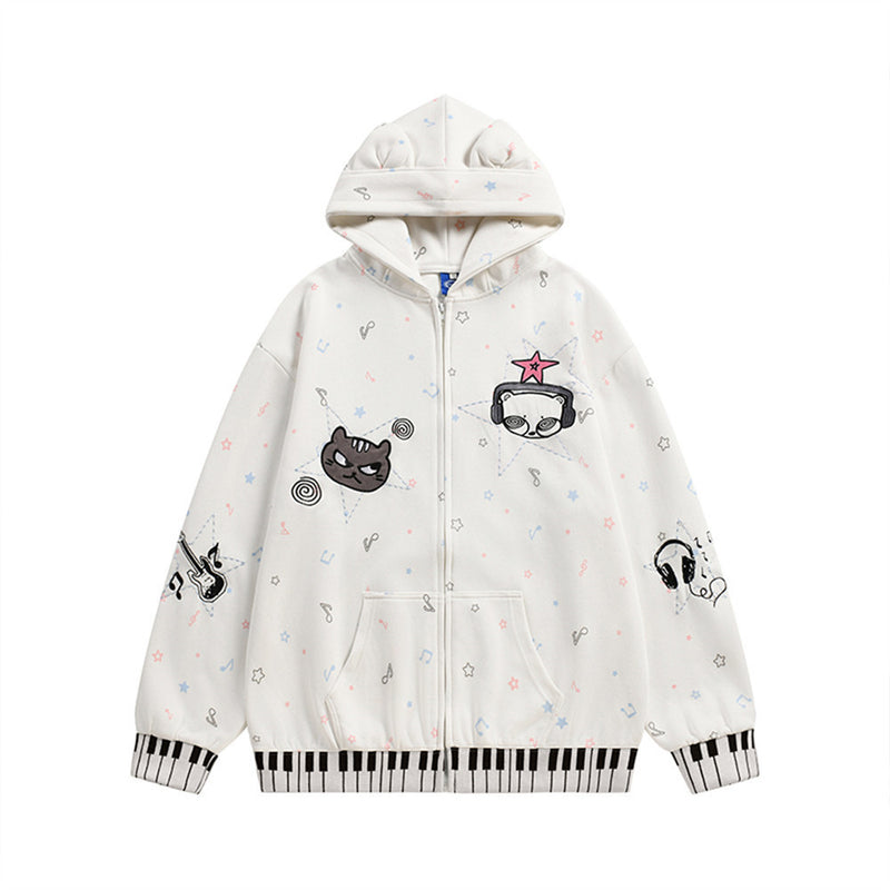 Cat Ear Zip-Up Hoodie with All-Over Music Note & Cartoon Print