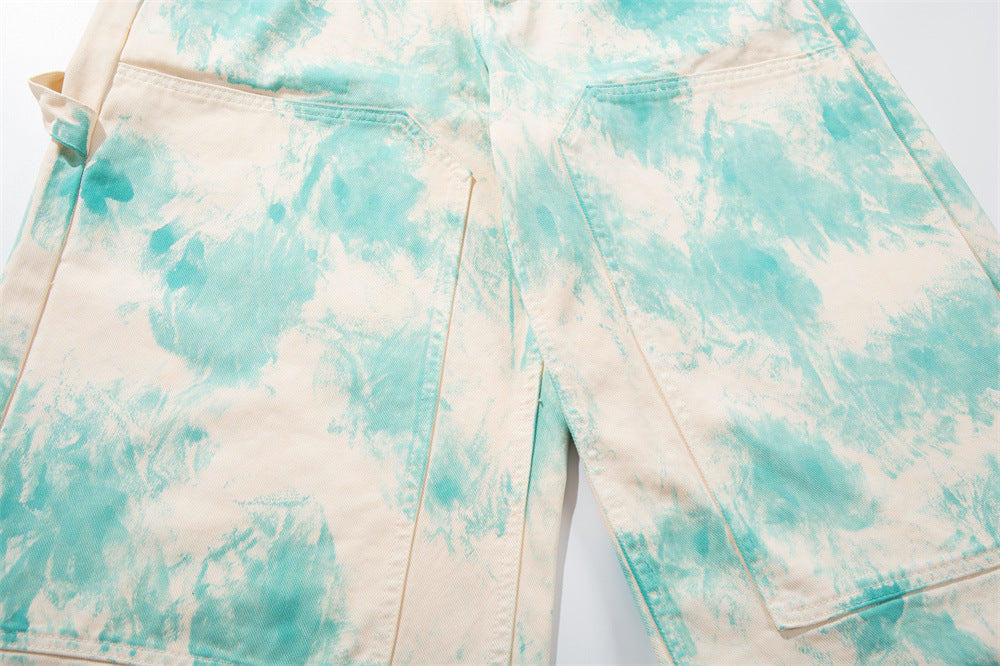 Tie-Dye Wide-Leg Denim Shorts – Loose Fit Cargo-Style Cropped Jeans