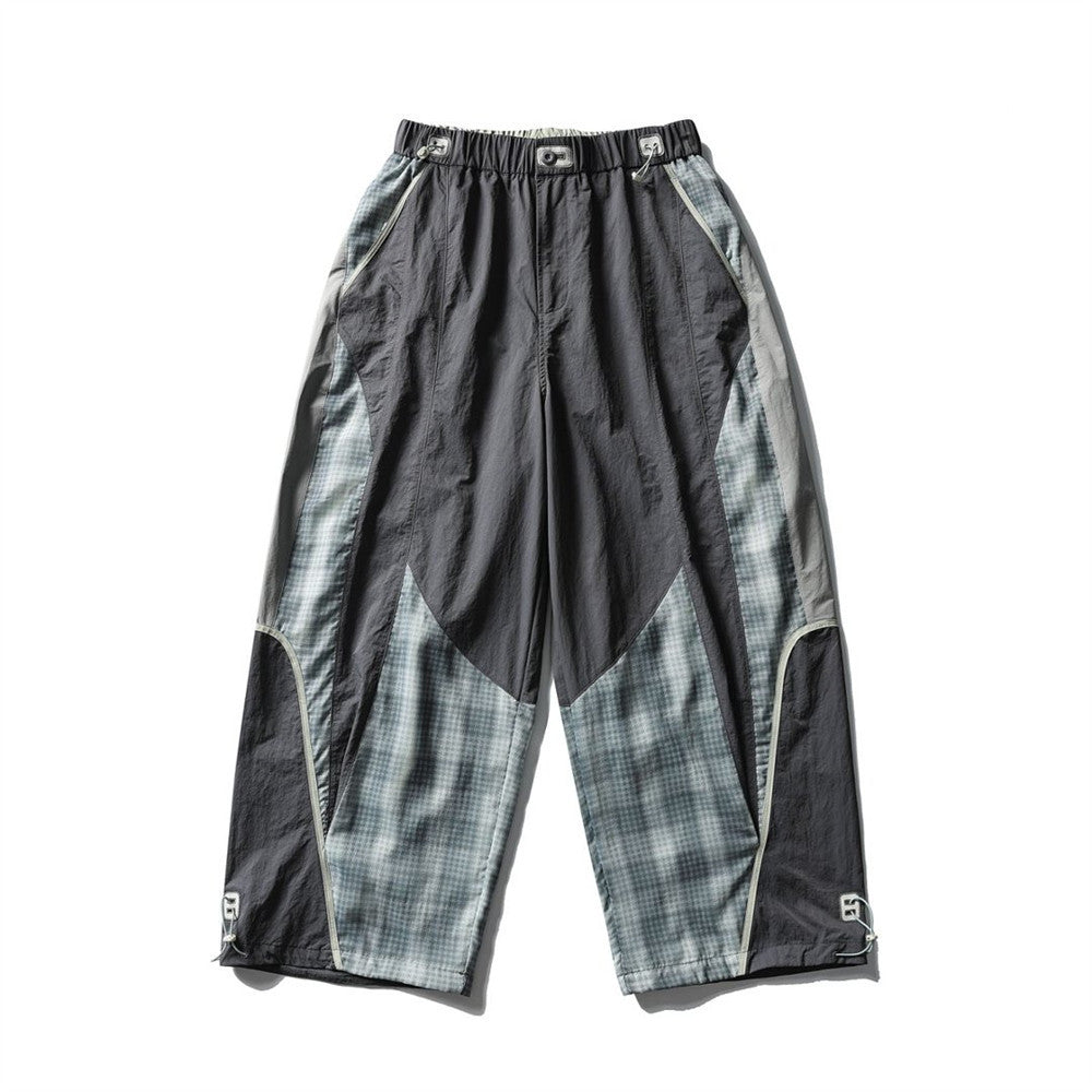 Men's Plaid Patchwork Baggy Pants – Windproof Water-Resistant Drawstring Ankle