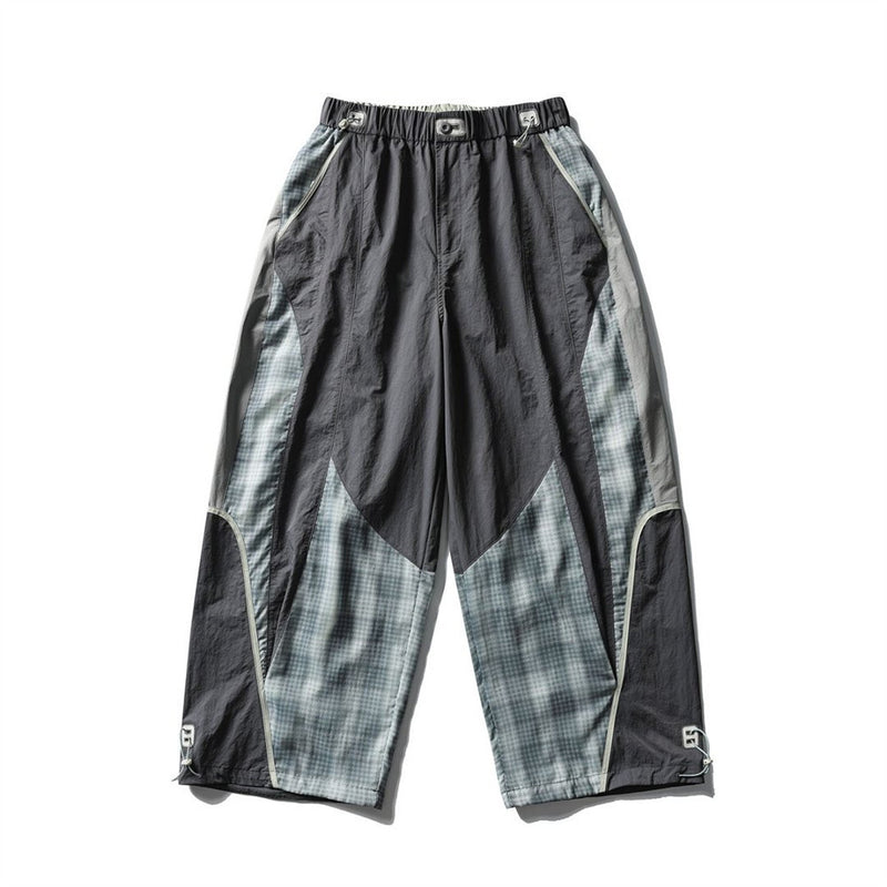 Men's Plaid Patchwork Baggy Pants – Windproof Water-Resistant Drawstring Ankle