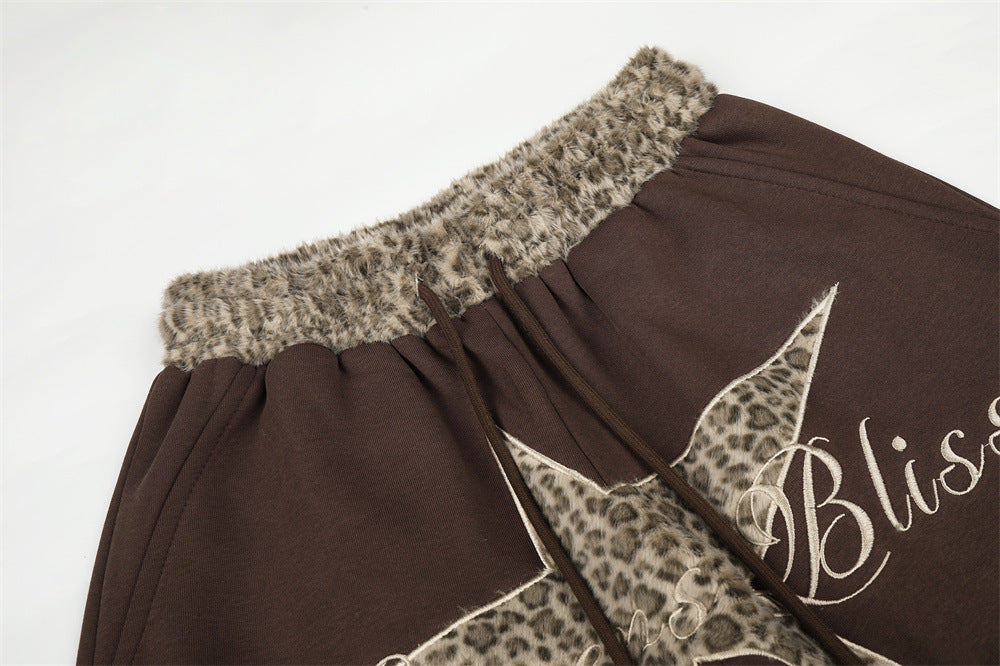 Wide-Leg Sweatpants with Leopard Print Star Patch & Drawstring Waist