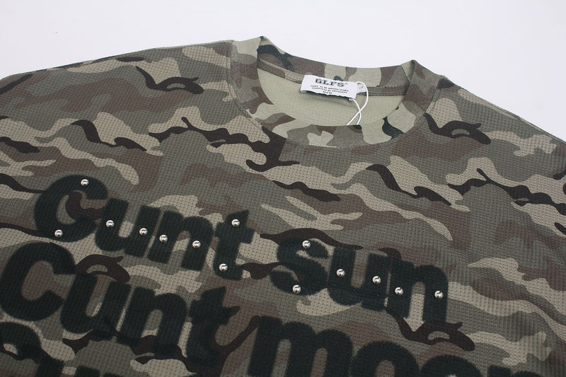 Camo Long Sleeve Waffle Shirt with Studded Graphic Print