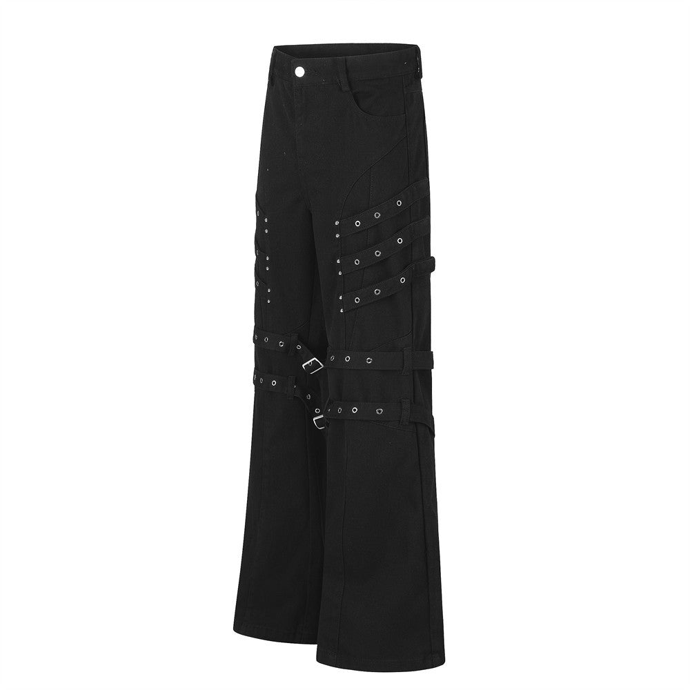 Men's Bell Bottom Jeans with Gothic Harness Straps, Metal Eyelets & Ribbon